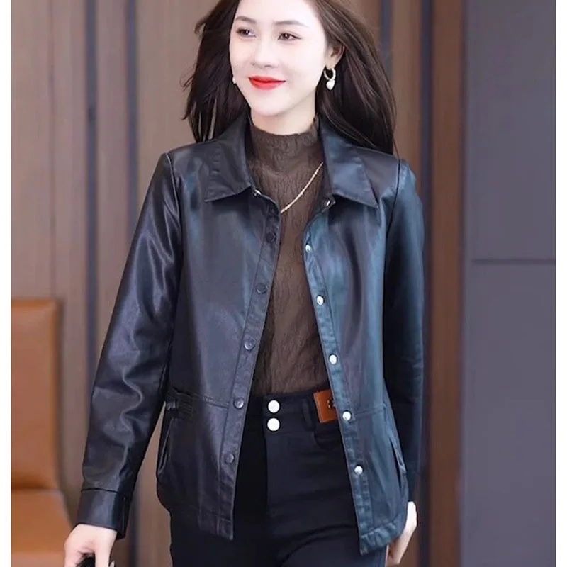 2024 Women Short Leather Jacket Coat Spring Autumn Female Fashion Maillard Leather Jacket Tops Korean Lady Loose Leather Jacket