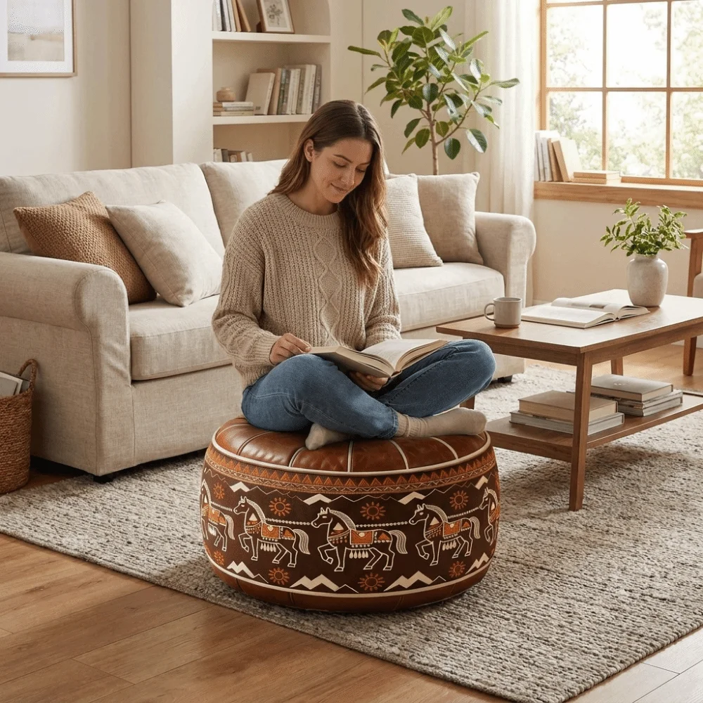 Foot Rest PU Leather Sofa Stool Cover Round Unfilled Footstool Cover Water Resistant Foldable Storage Leg Bench Living Room
