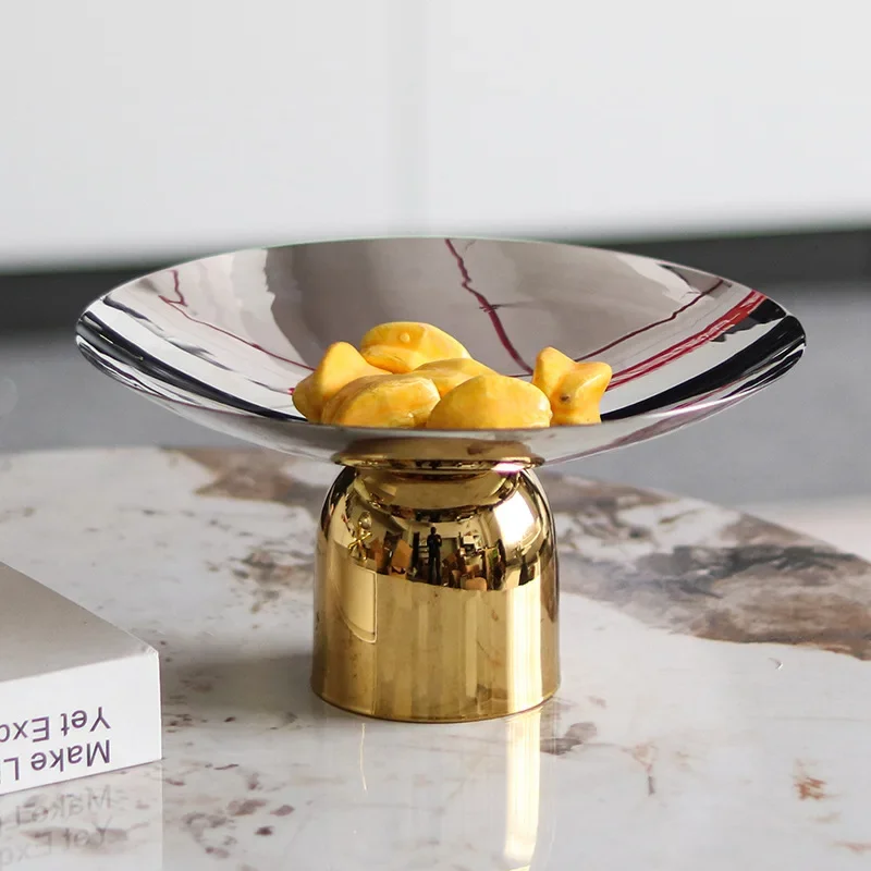 Creative Deluxe Round Stainless Steel Fruit Tray, Candy Tray, High Legged Metal Tray, Tableware, Organizer, Kitchen Table Decora