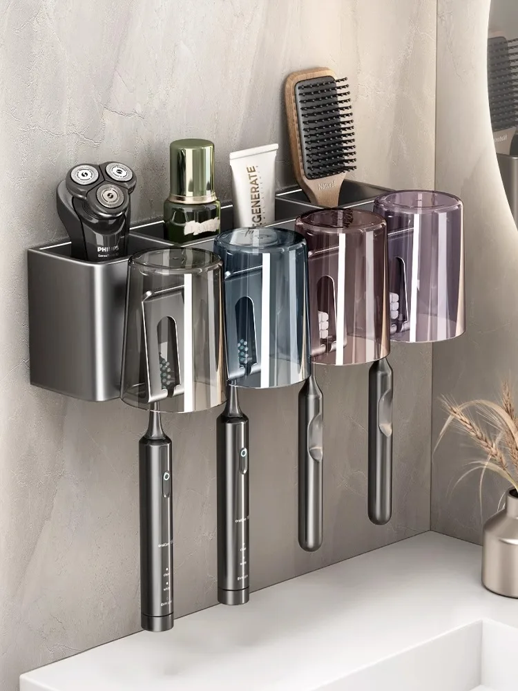 Suporte de copo multifuncional para escova de dentes, suporte de pasta de dente sem perfuração, caixa de armazenamento de parede para banheiro, suporte de copo para enxaguatório bucal