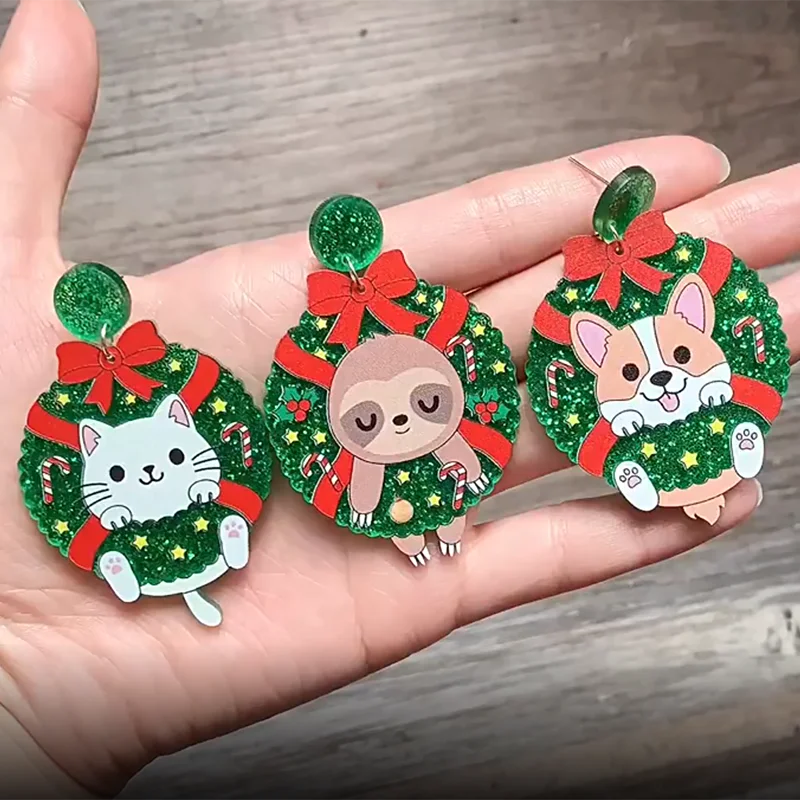 Cute Cartoon Bow Glitter Powder Wreath Animal Christmas Earrings For Women Xmas Cat Sloth Kirky Dog Acrylic Drop Earring Party