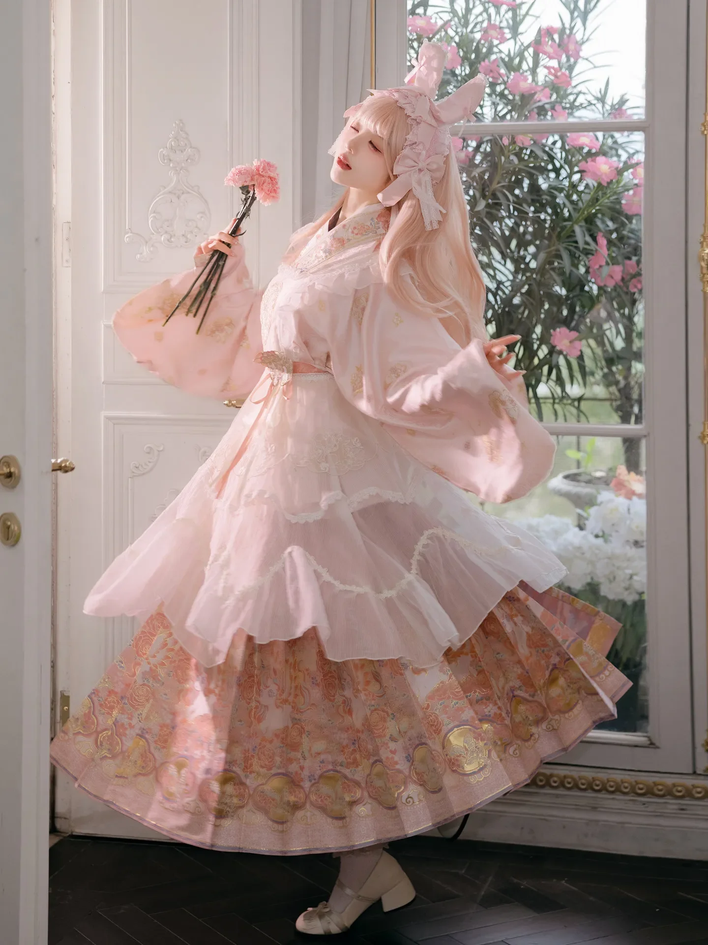 Chinese Hanfu Set Pink Ming Style Horse Face Skirt Blouse With Overlay Skirt Vintage Han‑y Fusion Cosplay Party Outfit