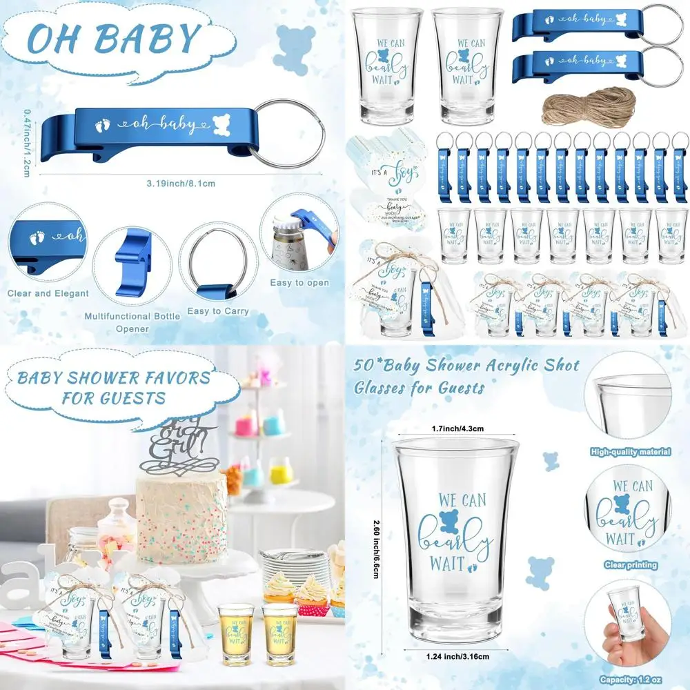 

Gender Reveal Baby Shower Favors: 50 Acrylic Shot Glasses, Bottle Opener Keychains, Thank You Tags & Bags for Guests (Bear Boy)