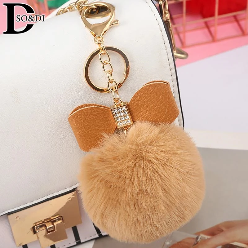 Fashion Pompom Keychain Bow With Brilliant Rhinestone Women HandBag Ornaments Plush Ball Keyring Car Key Holder Accessories