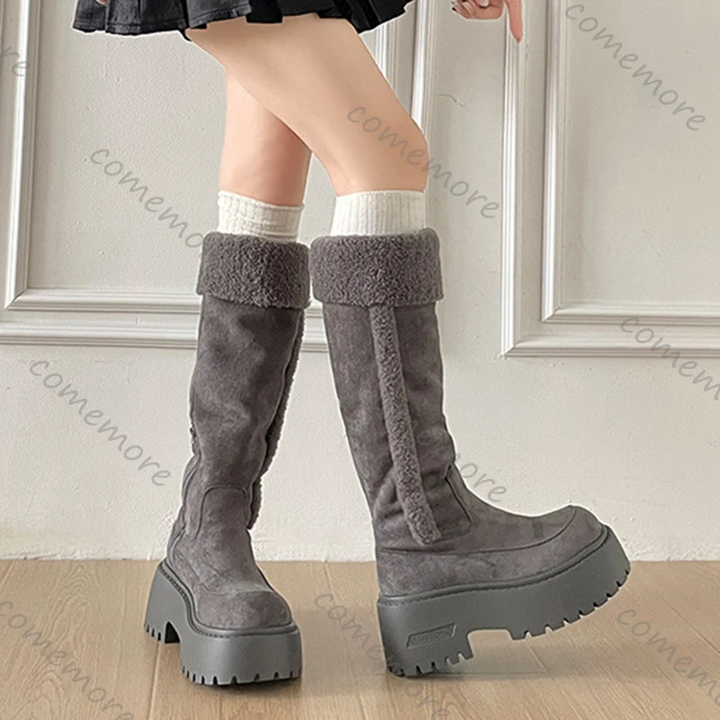 

Comemore Platform Heightening Snow Boots Women's Winter Shoes Chunky High Heels Fleece Warm Suede Retro Knee High Long Botas