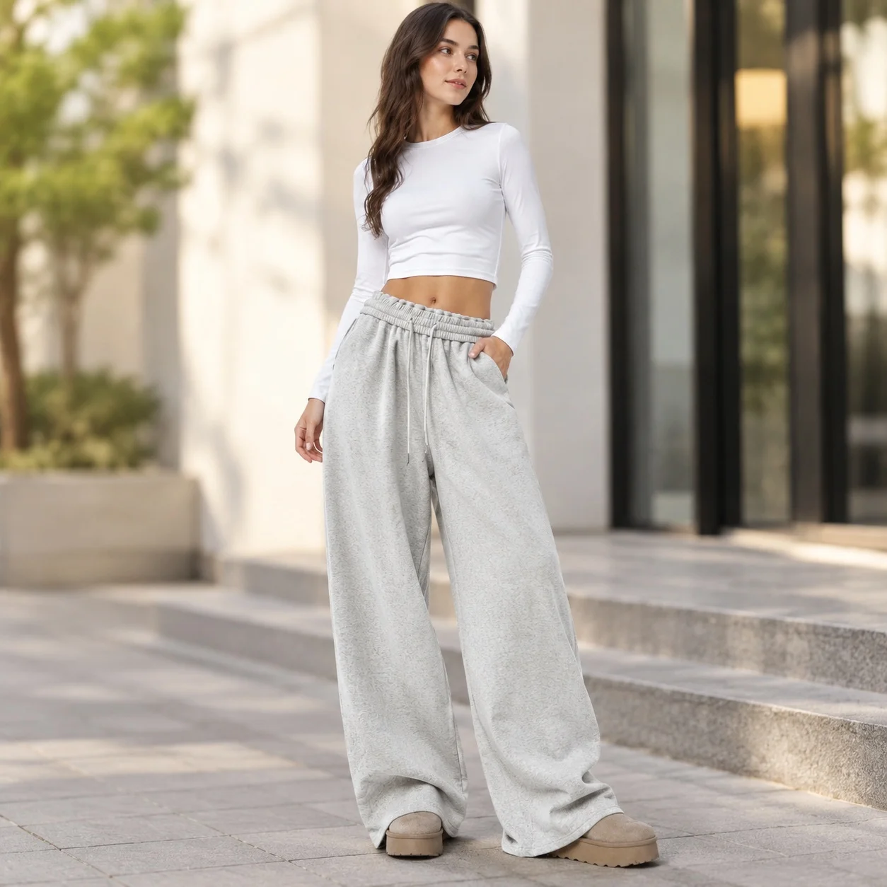 Wide Leg Casual Pants Mid Rise Japanese and Korean Casual with Full Length Slight Stretch Relaxed Fit Drawstring Women Pants
