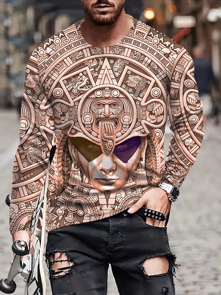Men's Aztec Warrior Long Sleeve T-Shirt Totem Mask Graphic Tee Tribal Streetwear Casual Pullover Tops Gift New Fashion Hot view 3