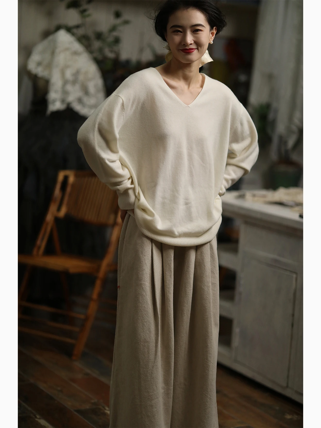 

Ninth Cloud Autumn Winter New Sle Women's Beige V-ne Long Sve Woolen Sweater Overhead Wool Base irt Top