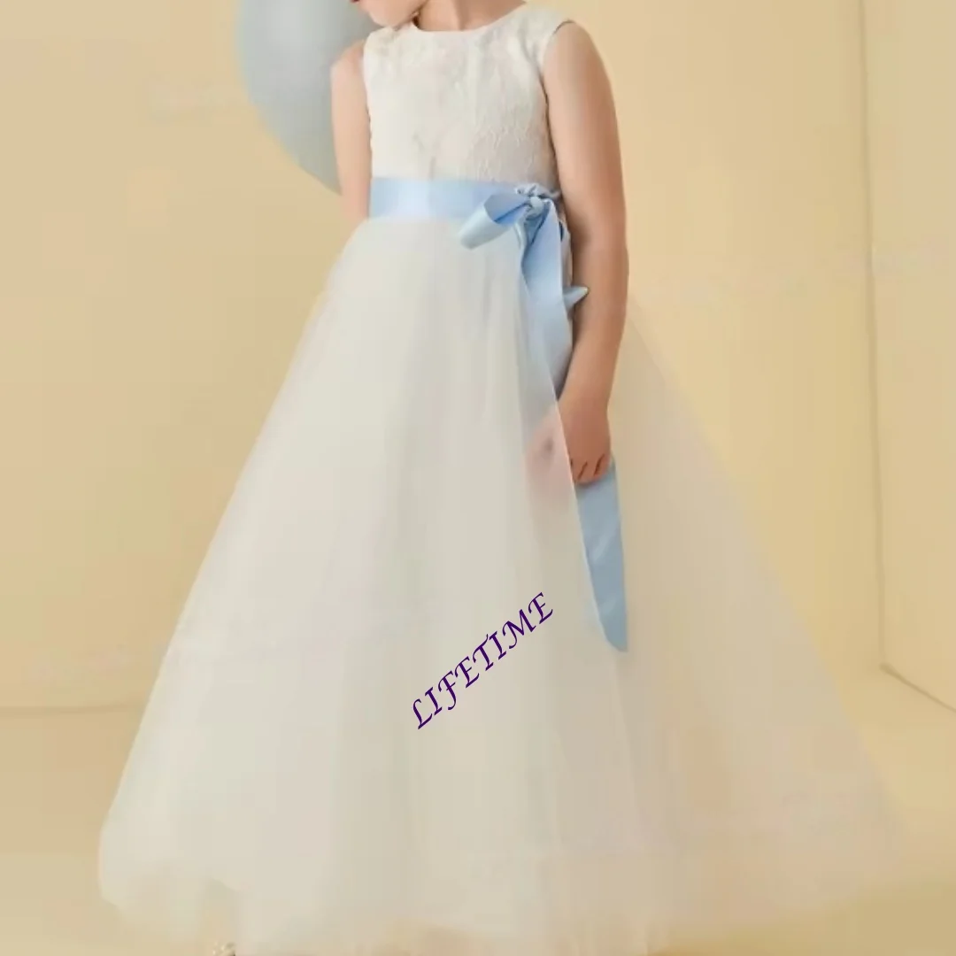 

CustomizabCustom Flower Girl Dress Blue Belt Wedding Communion Birthday Party Children First Ball Gown