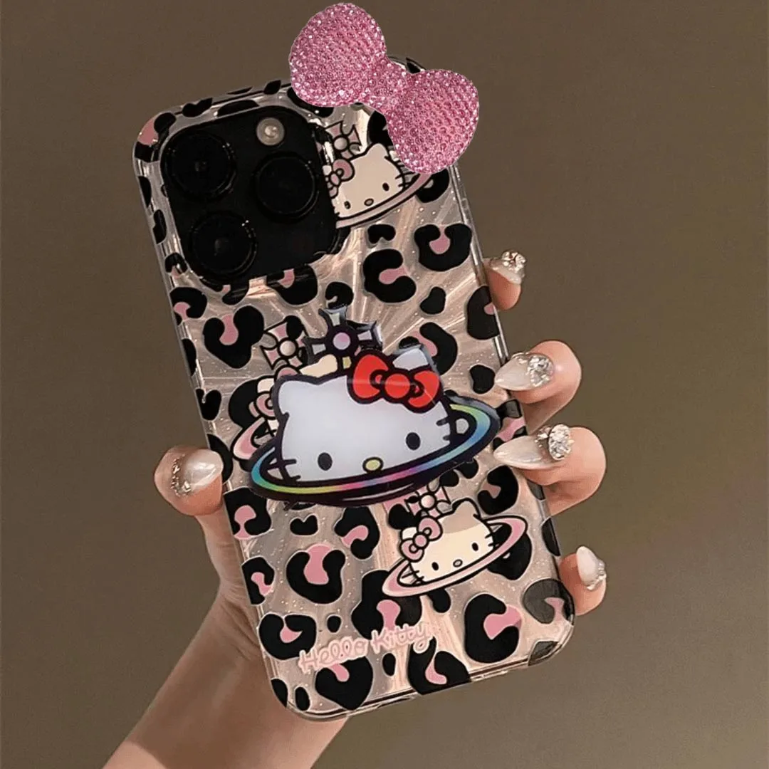 Leopard Print Hello Kitty Bow Bracket Cute Phone Case For iPhone 16 15 14 13 12 11 ProMax XR XSMAX 7 8 Plus MINI Y2K Laser Cover