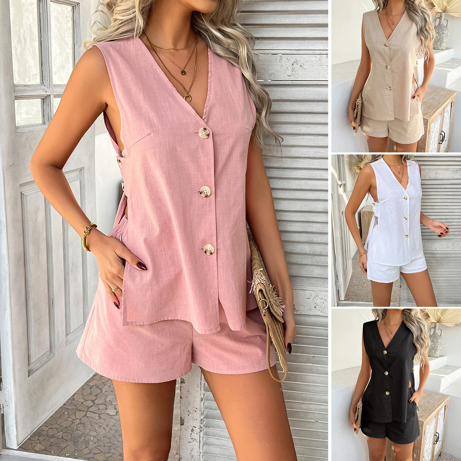 

2 Piece Sets Women Vest Shorts Suit Waistcoat Sleeveless V Neck Single Breasted Short Pants Office Lady Ensemble Summer 2025