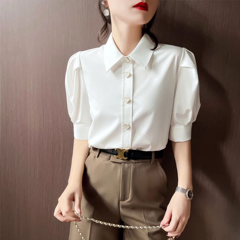 Women Clothing Turn-down Collar Puff Sleeve Blouse Summer Chic Button Office Lady Chiffon Shirts Vintage Elegant Solid Tops