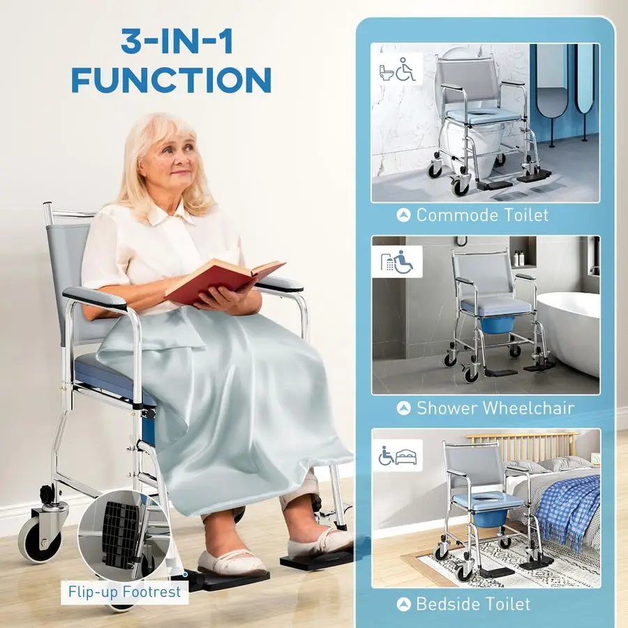 3 in 1 Shower Commode Wheelchair with 4 Lockable Wheels, Bedside Commode Chair with Arms, Footrests, Detachable Bucket, for Seni