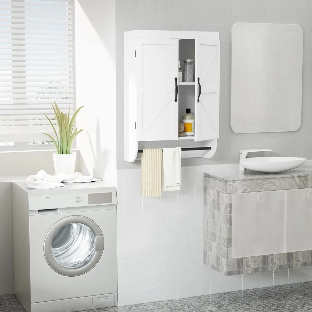 

Bathroom Storage Wall Cabinet Over The Toilet with Adjustable Shelf, Space Saver 2-Door Medicine Cabinet with Metal Bar, White