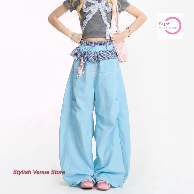 American retro dopamine plaid lace wide-leg pants women's summer new fashion design light and quick-drying overalls pants