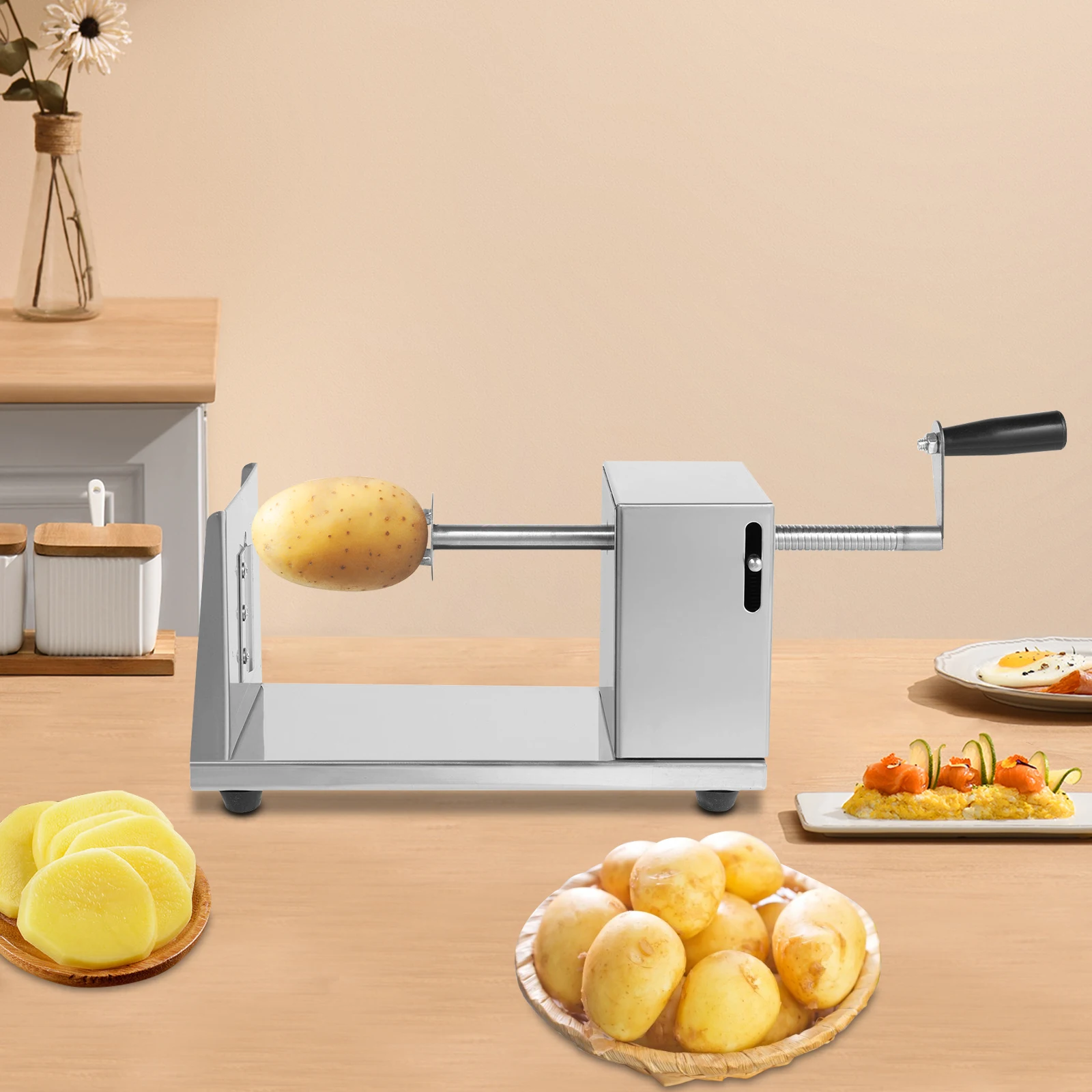 Coupe-pommes en spirale manuel avec 4 lames en acier inoxydable, épaisseur de coupe de 3 à 3,5 mm, pour la maison et les restaurants