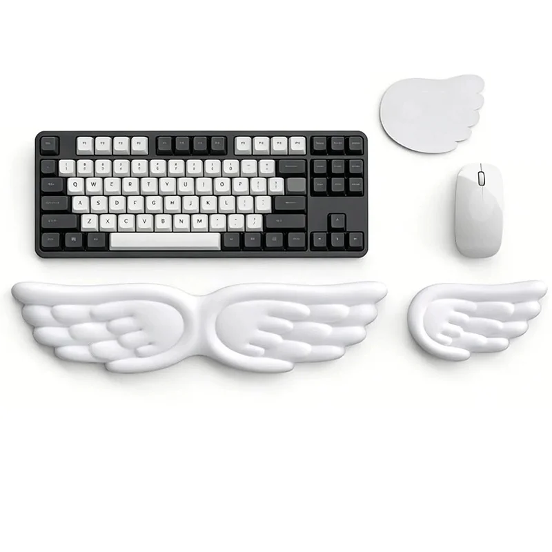Descanso de pulso ergonômico em espuma viscoelástica com formato de asas de anjo para teclado e mouse, antiderrapante de silicone, tapete de mesa para escritório, laptop e PC