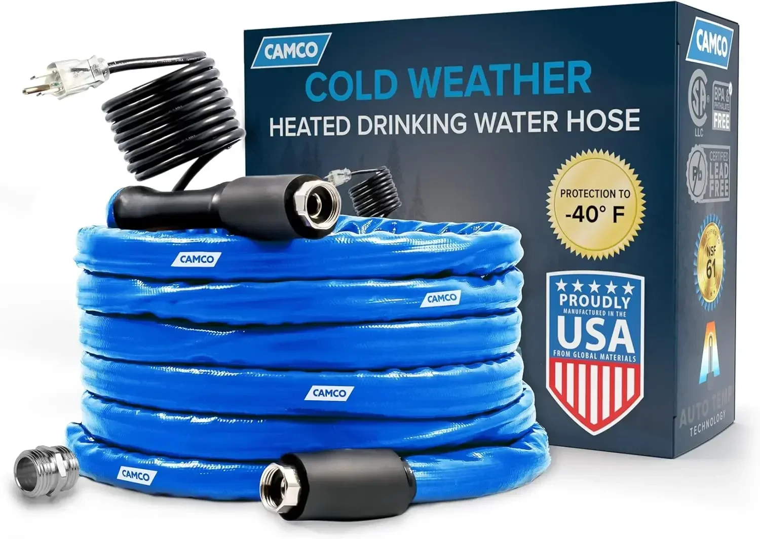 

50-Ft Heated Water Hose for RV- Water Line Freeze Protection Down to-40°F/C-Features Energy-Saving Thermostat & Includes Adapter