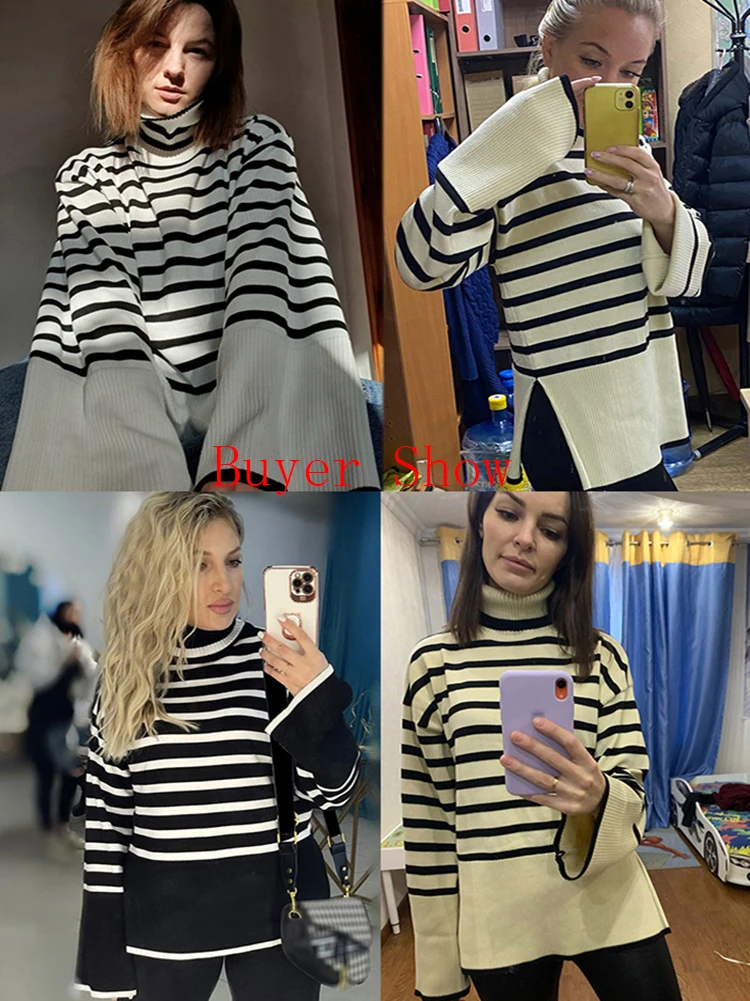 Suéter a rayas blanco y negro, ropa de calle, Tops sueltos, jersey para mujer, jersey para mujer, jersey de manga larga con cuello alto, suéteres