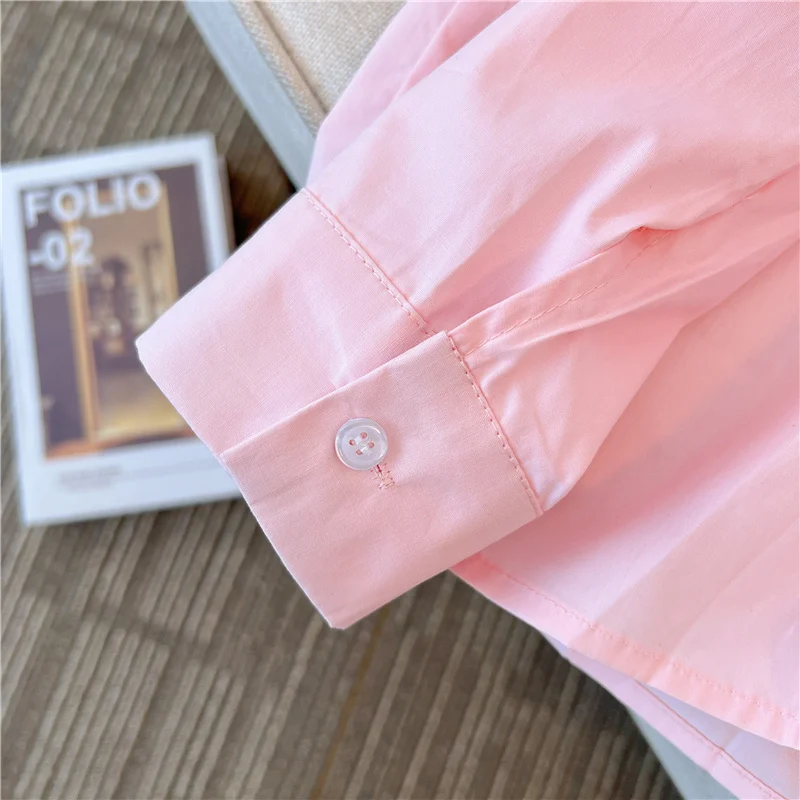 Camisa de manga comprida de coelhinho rosa feminina, casual, solta, de peito único, chique, doce, parte superior de bolso, moda primavera, outono