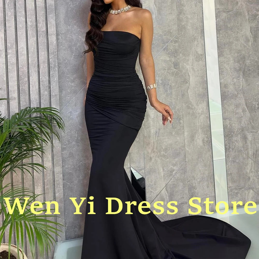 Simple Black Strapless Mermaid Jersey Evening Dress Sweep Train Floor Length Classic Sleeveless Solid Color Pleats Party Dress