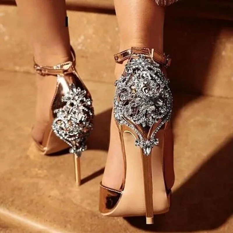 Sexy Champagne Wedding Shoes Rhinestone Decoration Bridal Shoes Open Toe Summer Stiletto High Heels Party Women Shinny Pumps