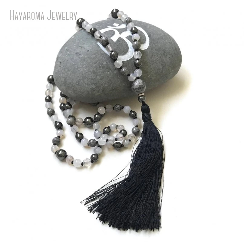 10Pcs Root Chakra Mala Hematite Jaspers Quartz Agates Mala Necklace Black Silk Tassel 108 Bead Mala Bead For Meditation