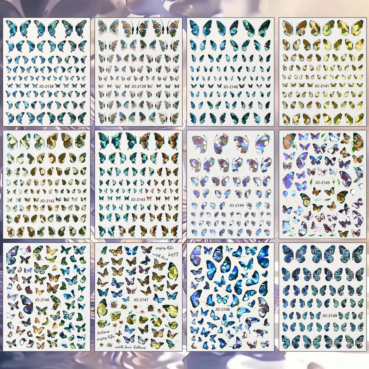 3/6/12 Sheets 3D Holographic Butterfly Nail Decals Blue Purple Crystal Effect Self-Adhesive Y2K DIY Manicure Nail Art Stickers