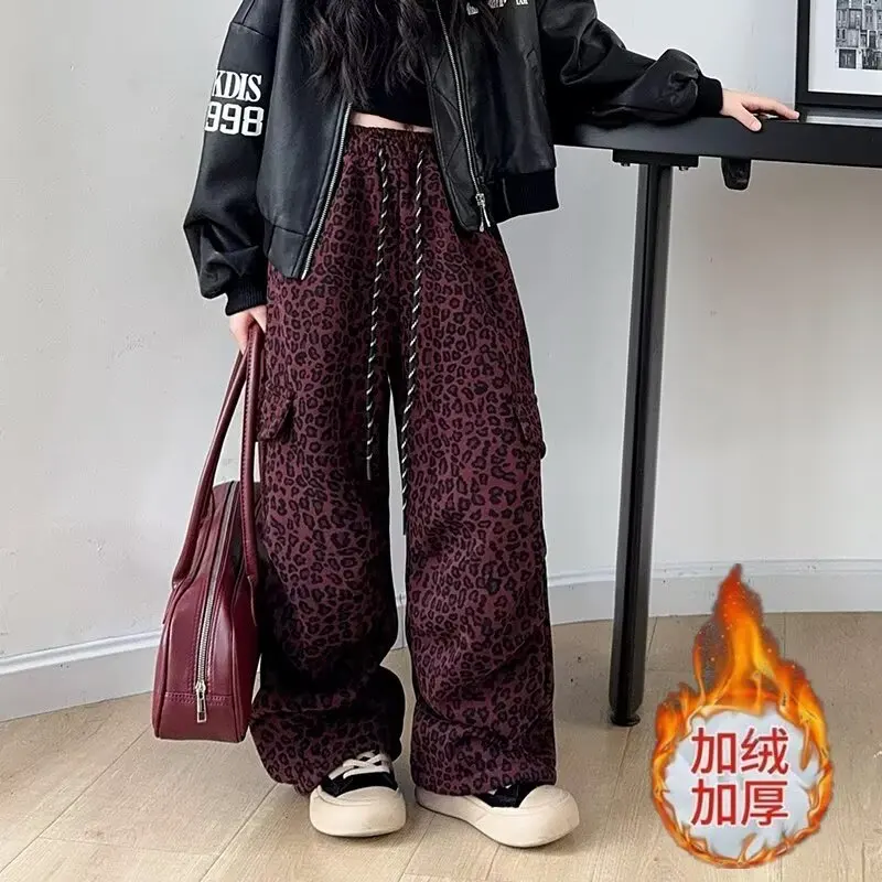 الشتاء بناطيل تدفئة للفتيات سميكة الصوف مبطن الأطفال سراويل تقليدية 120-170 الكورية نمط ليوبارد طباعة Sweatpants للفتيات