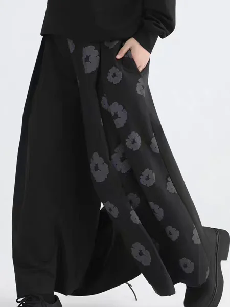 Pantaloni a Gonna Larga con Stampa Retrò e Patchwork, Vita Elastica, Stile Vintage, Pantaloni a Tre Quarti per Donne di Mezza Età, Abbigliamento Casual