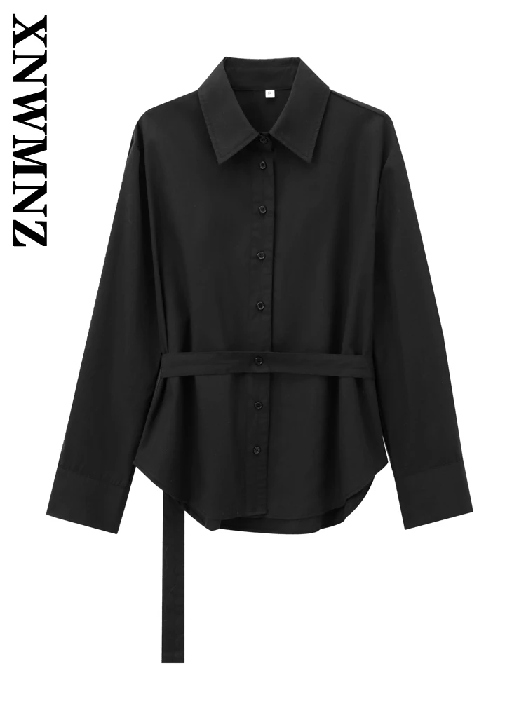 XNWMNZ 2024 Autumn Woman's Vintage Long Sleeve Shirt Top Classic Woman Turn-down Collar Outerwear Ruffles Regular Fit belt Coat