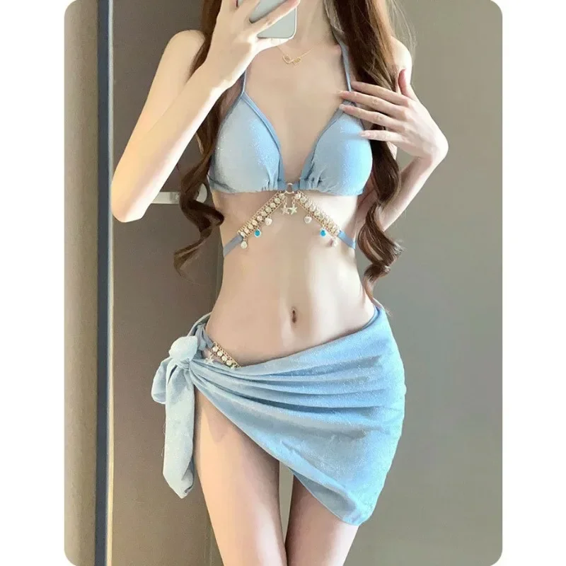 Women 3Piece Rhinestone Chain Bikini Set Light Blue Glitter Halter Triangle Top Side Tie Bottom Wrap Skirt Summer Beach Swimwear