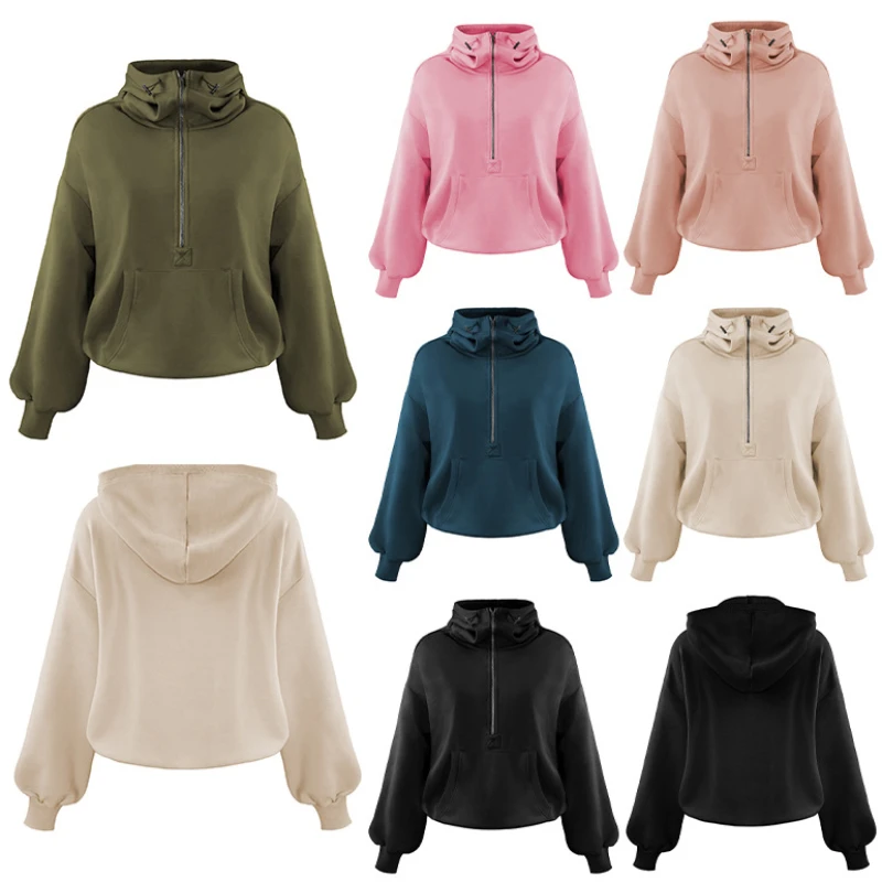 Women's Hooded Sweatshirt Sports Zip Up Pocket Hoodie Solid High Waist Drawstring Long Sleeved Top Jacket for Streetwear