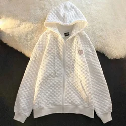 Waffle Zip up Hoodies Sweatshirt Casual Embroidery Print Zipper Hooded Pockets Couple Sweatshirt Tops Outfits Kawaii Clothes