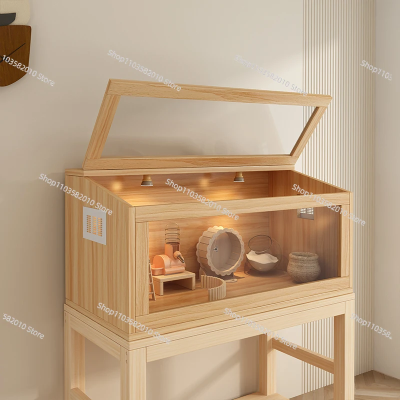 Wooden Golden Bear Hamster Cage Luxury Villa, All-Season Hedgehog House for Small Pets