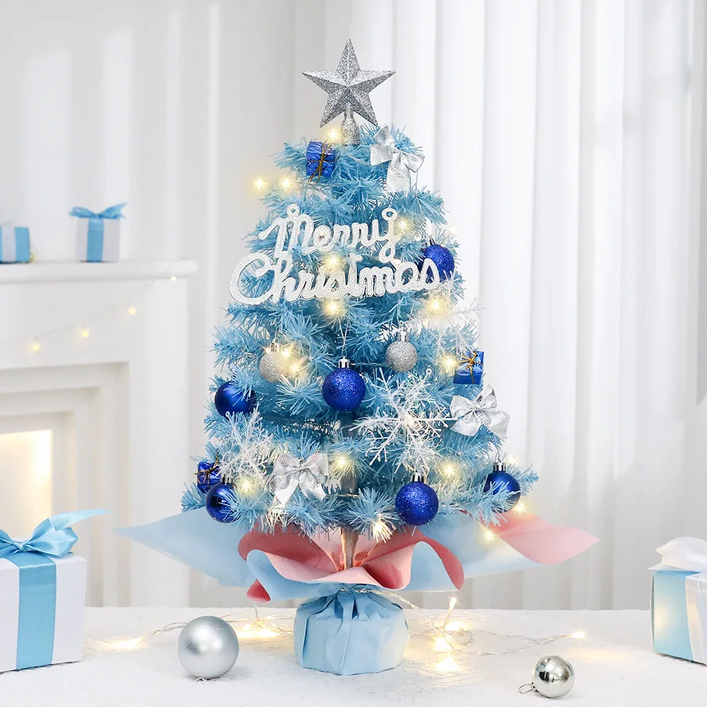 45/60cm Blue Christmas Tree With LED light Mini Christmas Tree Desktop Miniature Pine Ornaments Xmas New Year Party Decoration