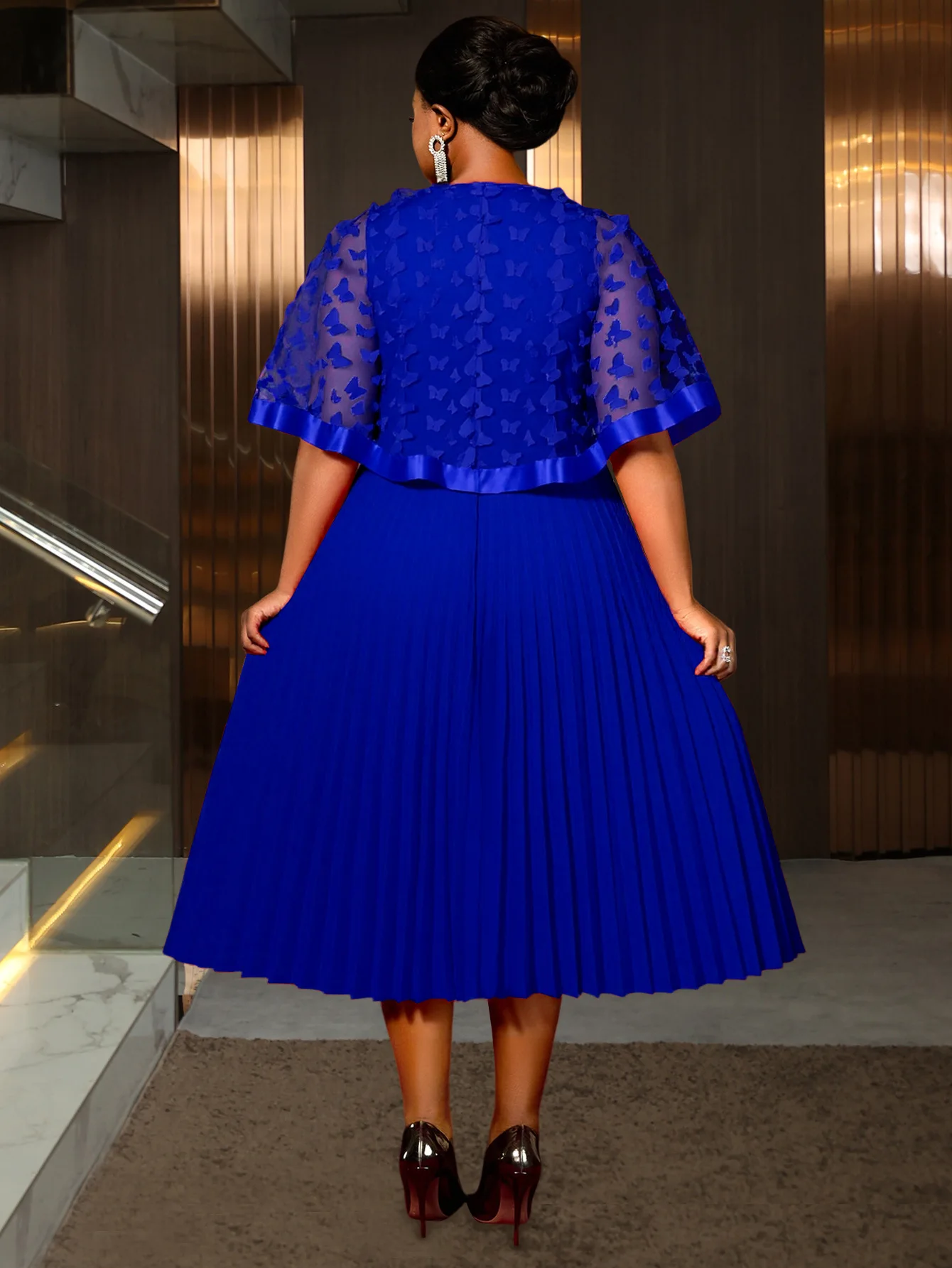 Elegant Pleated Sleeveless Mother of the Bride Tea Length Dress With 3D Butterfy Embroidery Jacket
