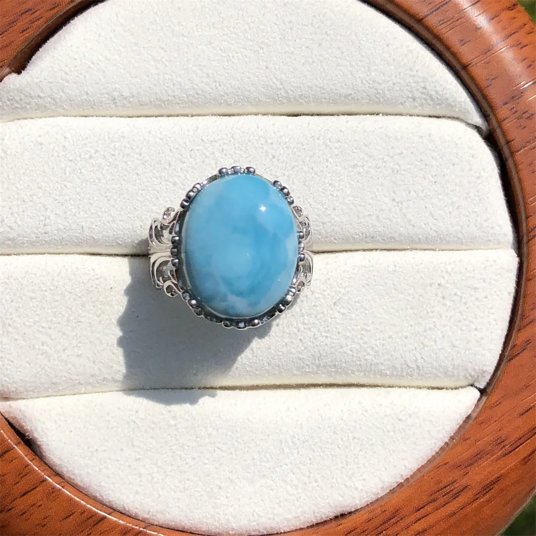 1 Pc Fengbaowu Natural Dominican Republic Larimar Ring Round Oval 925 Sterling Silver Reiki Healing Stone Jewelry Gift For Women