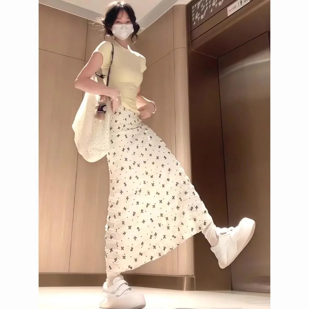 

White Knot Floral f Skirt Women's Summer Thin High Waist Slim Fit Bodycon Fi Tail Long Skirt Korean Sle Commute