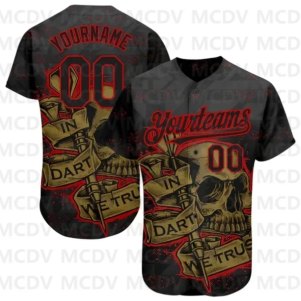 Custom Black Old Gold 3D Plant And Skull Fashion Authentic Baseball Jersey