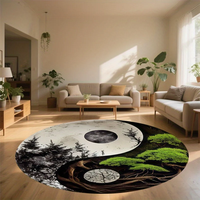 1pc Taiji-Style Night Scene Round Area Mat - Flannel Soft Cushion, Non-Slip, Machine-Made Polyester Mat with Yin-Yang Design