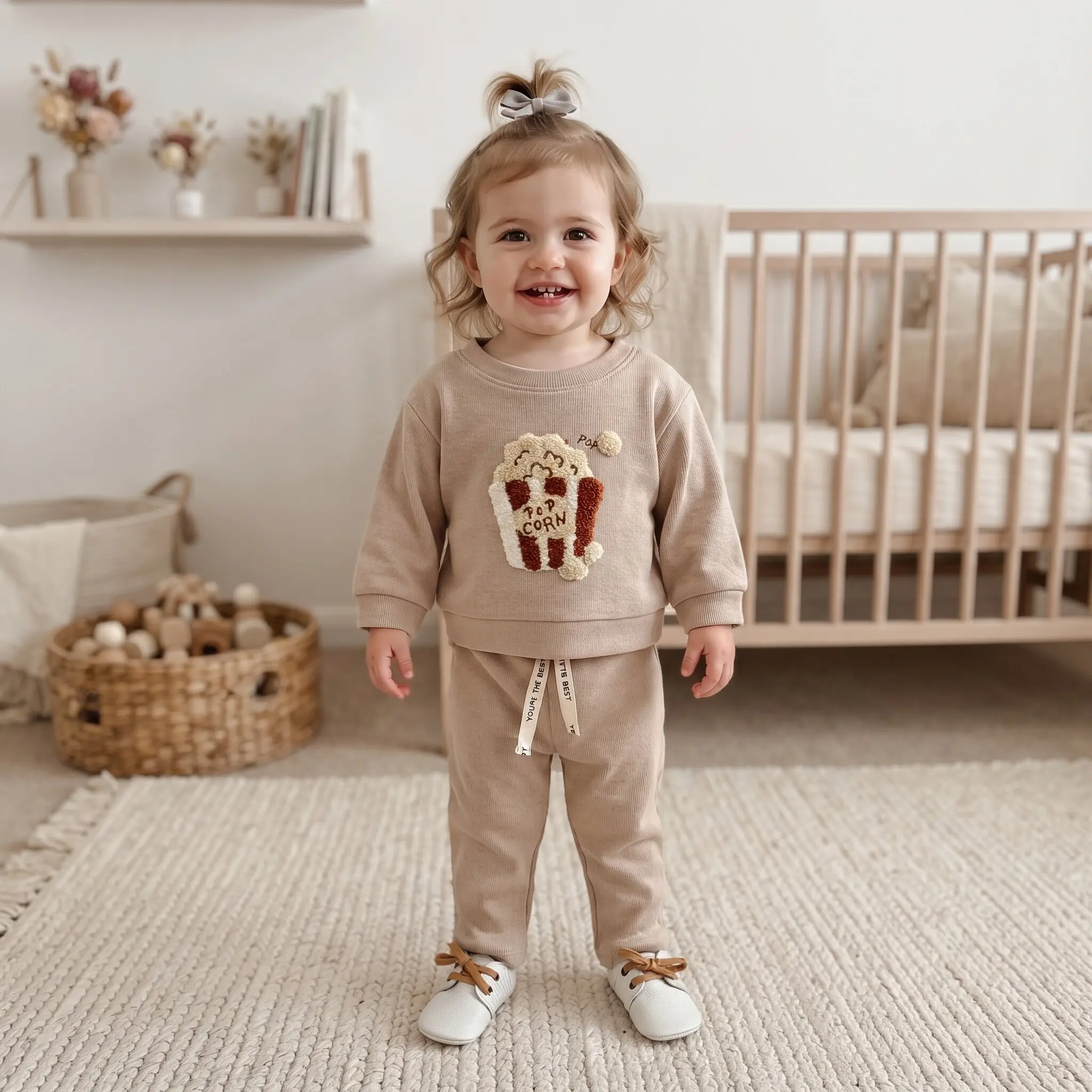 Korean Unisex Baby Popcorn Towel‑Embroidery Outfit, Infant Light Brown Ribbed Long‑Sleeve Top Drawstring Pants 2‑Piece Set