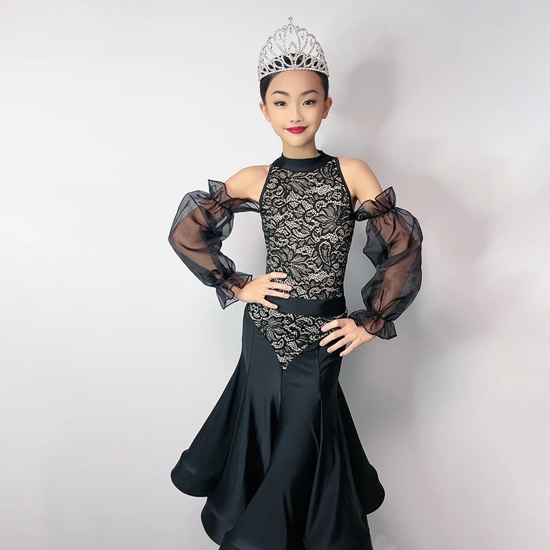 

2024 Girls Ballroom Dance Dress Mesh Bubble Sleeves Black Lace Competition Dress Kids Waltz Dance Costume Latin Dresses BL13515