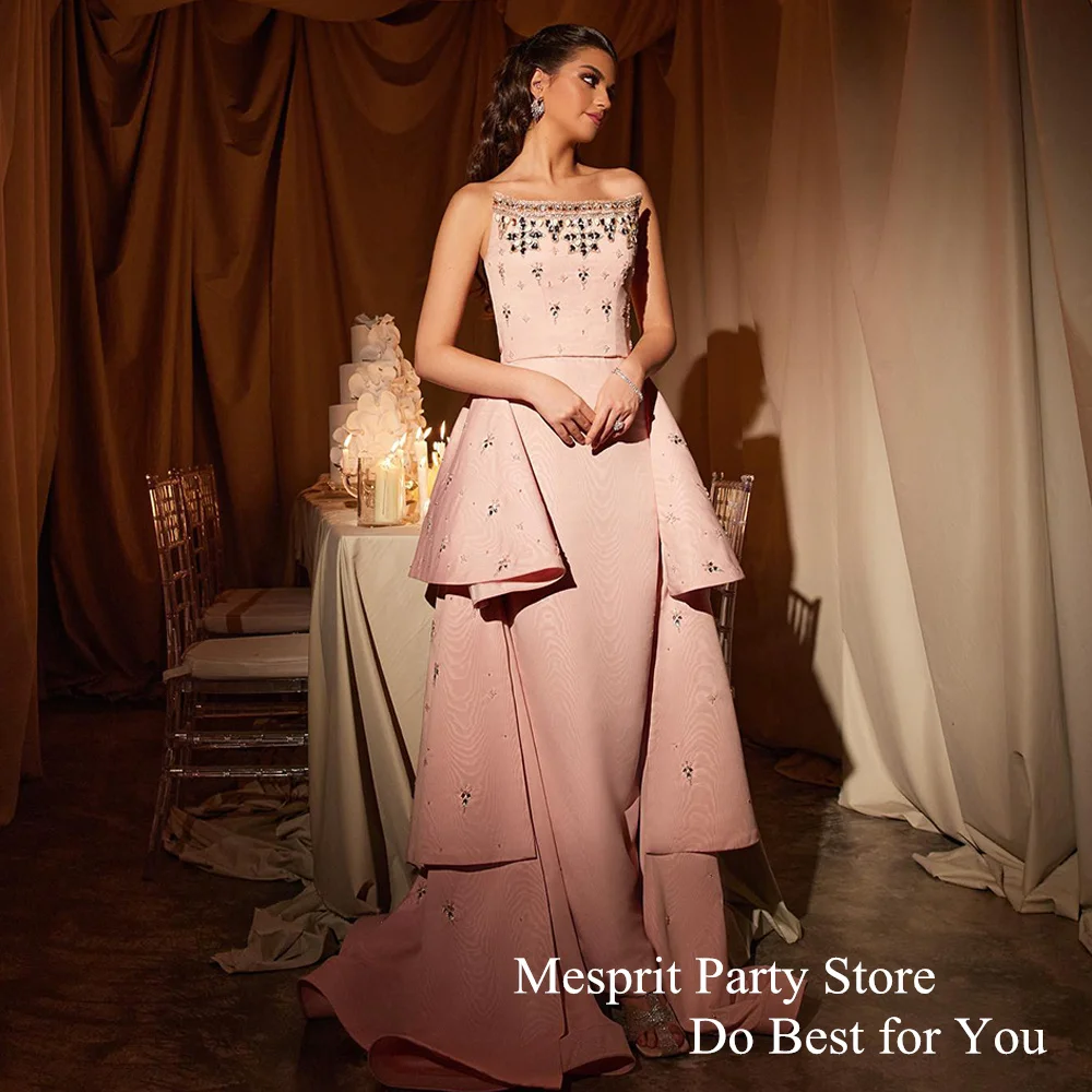 Customized Crystal Evening Dress Strapless Sleeveless Beads Tiered Train Prom Gown Saudi Party Dresses  فساتين حفلة موسي