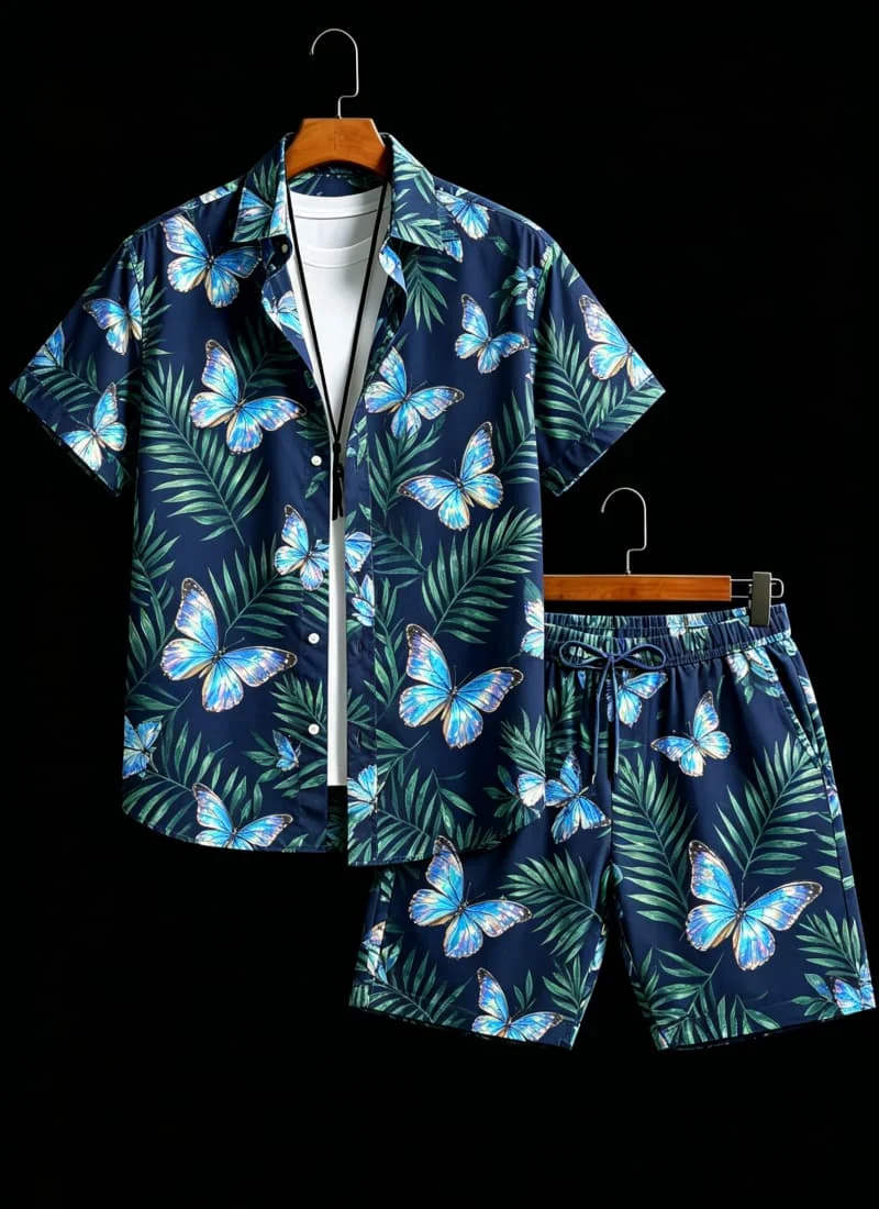 Ensemble deux pièces imprimé insectes pour homme : chemise + short, style vacances naturelles, pour activités de plein air et style naturel paisible