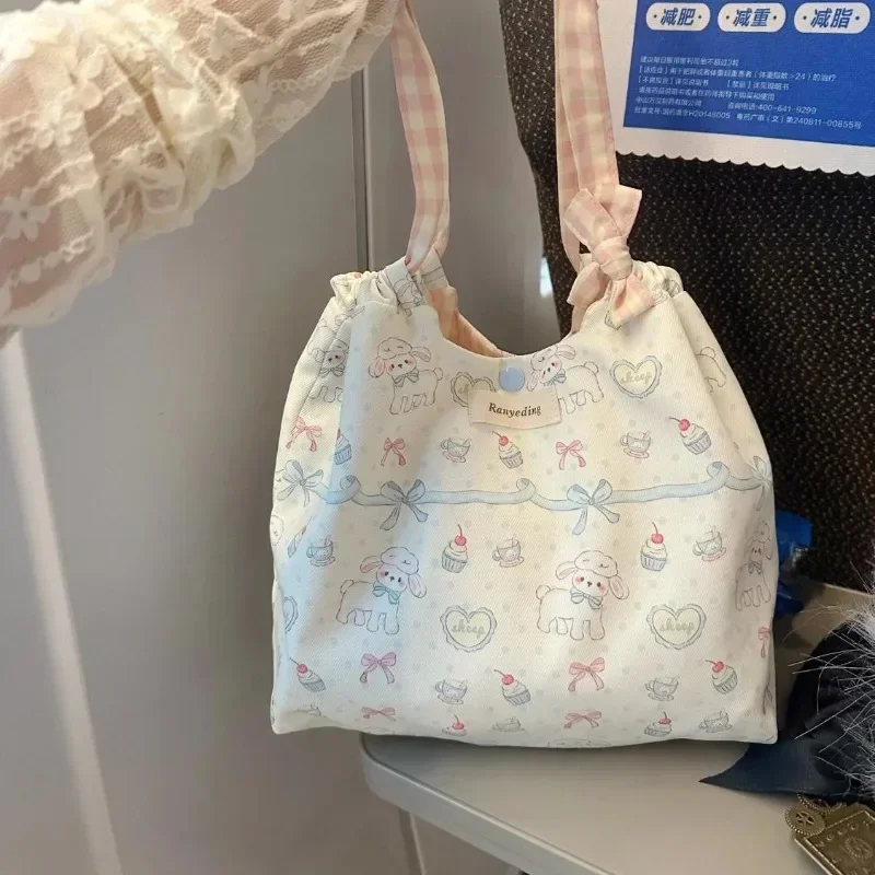 

Xiuya Cute Shoulder Bag for Women Cartoon Canvas Sweet Sheep Plaid Handbag Lolita Luxury Jk Fashion Original Ladies Armpit Bag