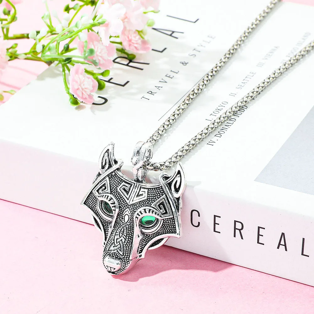 Retro Viking Wolf Head Necklace Nordic Punk Cool Style Pendant Fashion Cosplay Accessory for Men