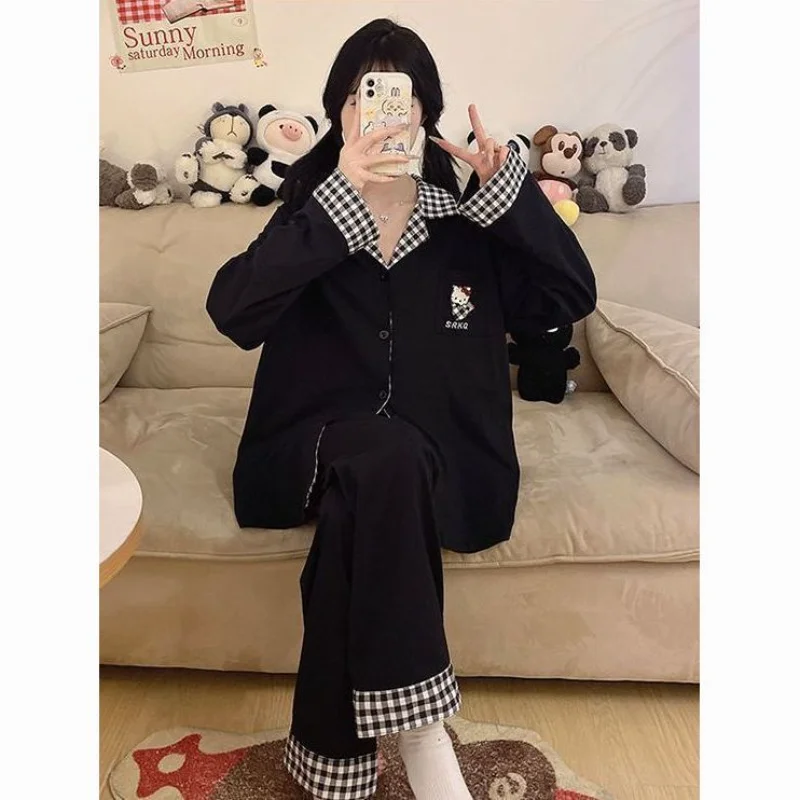 

Хлопковая ночная рубашка Sanrio Hello Kitty, женская пижама, весенняя одежда для сна, пижама с длинными рукавами и брюками, ночная одежда Kawaii, повседневный домашний костюм, новинка