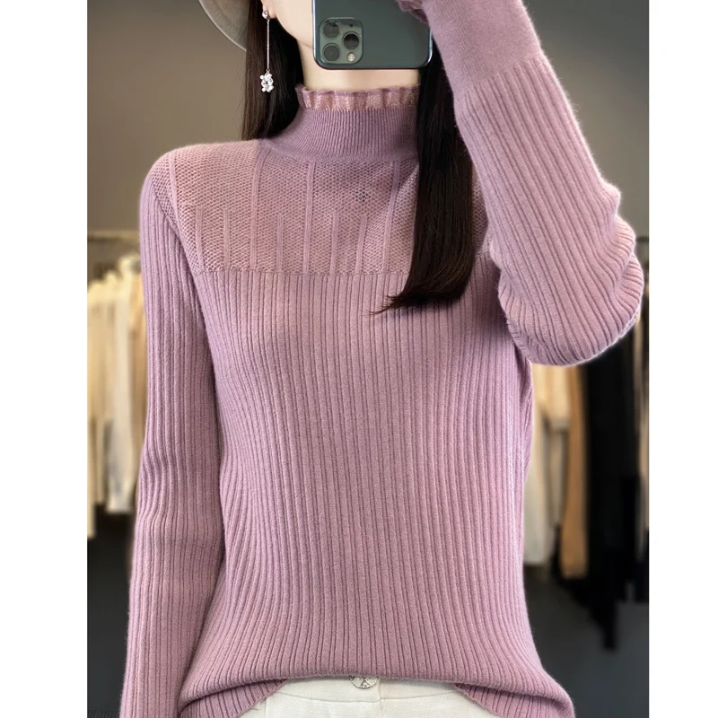 

Women's Sweater Autumn/Winter Solid Color Knitwear Half Turtleneck Pullover Casual Slim Ladies Clothes Lace Blouse Basic Tops