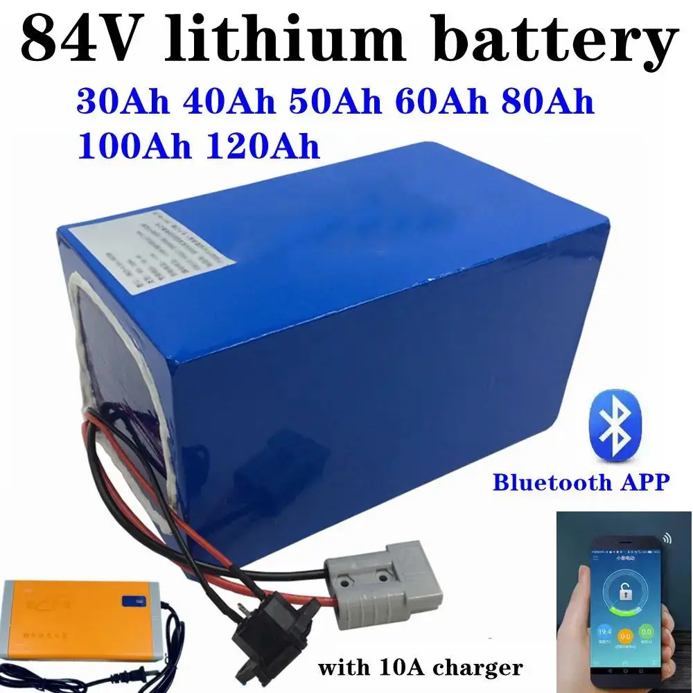 84v 50Ah 30Ah lithium ion battery 100Ah 84V 60Ah 80Ah bluetooth APP BMS for 5000w motorcycle Floor golf cart + 10A charger